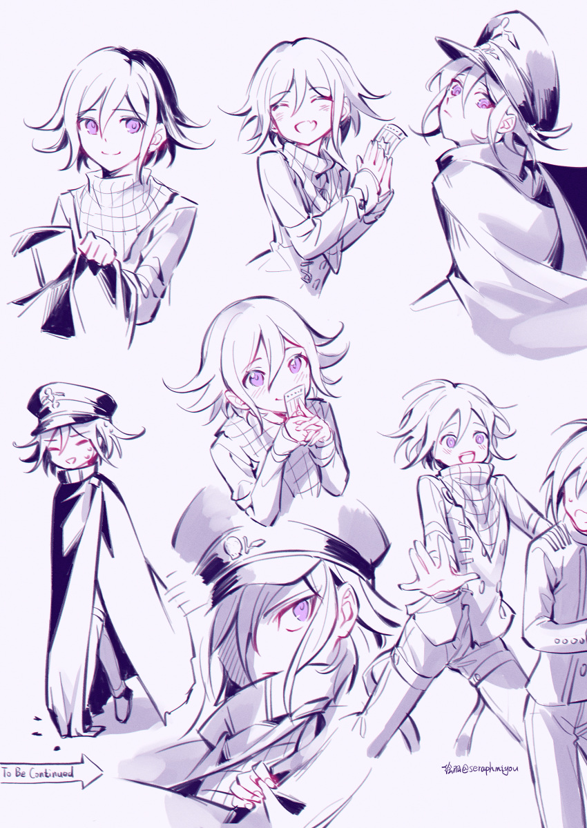 2boys :d absurdres alternate_costume bangs buttons cape closed_eyes commentary_request dangan_ronpa_(series) dangan_ronpa_v3:_killing_harmony ewa_(seraphhuiyu) fang happy hat highres male_focus monochrome multiple_boys multiple_views open_mouth ouma_kokichi pants peaked_cap pink_eyes saihara_shuuichi scarf simple_background skin_fang smile spot_color sweat to_be_continued twitter_username