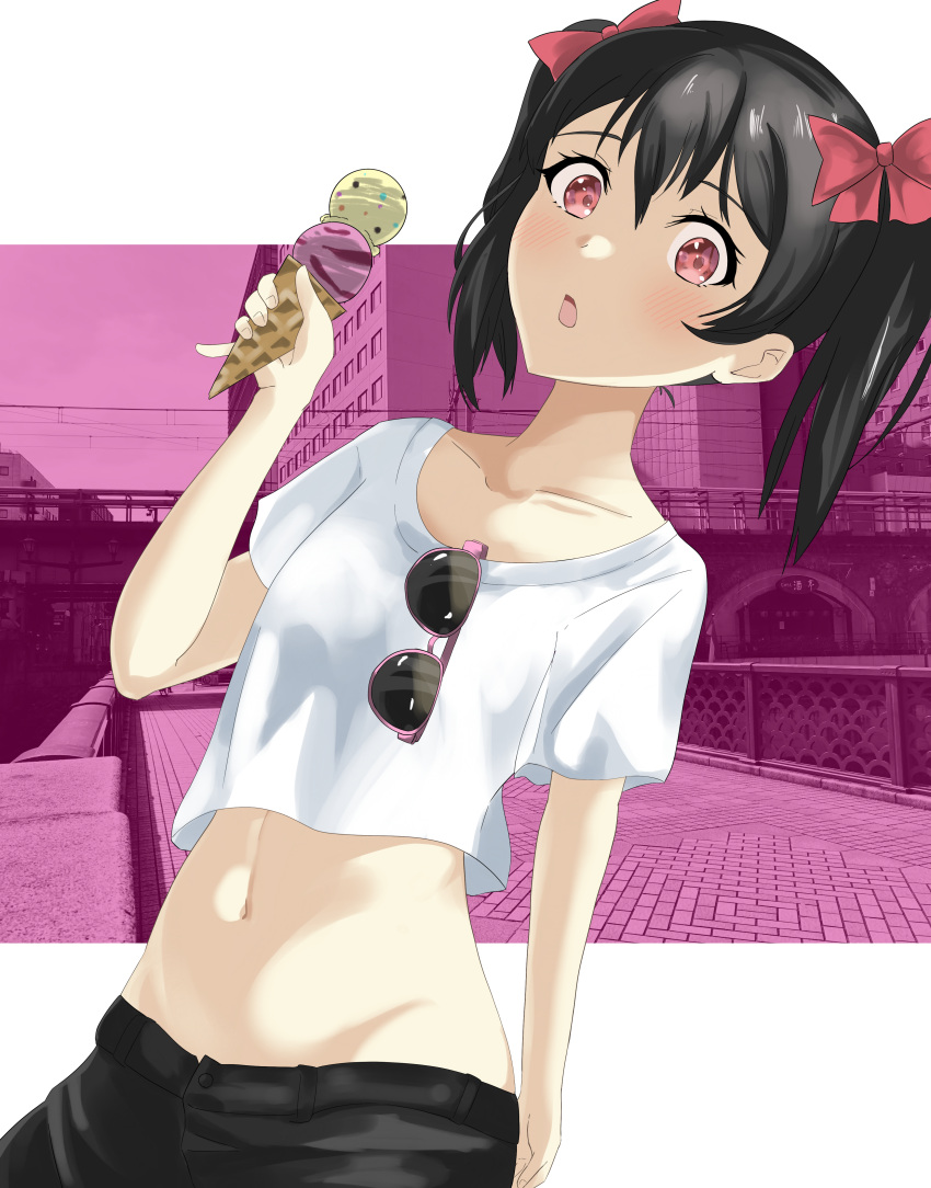 1girl absurdres bangs black_hair black_pants blush bow collarbone food groin hair_between_eyes hair_bow highres holding holding_food huge_filesize ice_cream love_live! love_live!_school_idol_project medium_hair midriff navel open_mouth pants pink-framed_eyewear red_bow red_eyes shiny shiny_hair shirt short_sleeves solo stomach sunglasses twintails white_shirt yayayazawa25 yazawa_nico