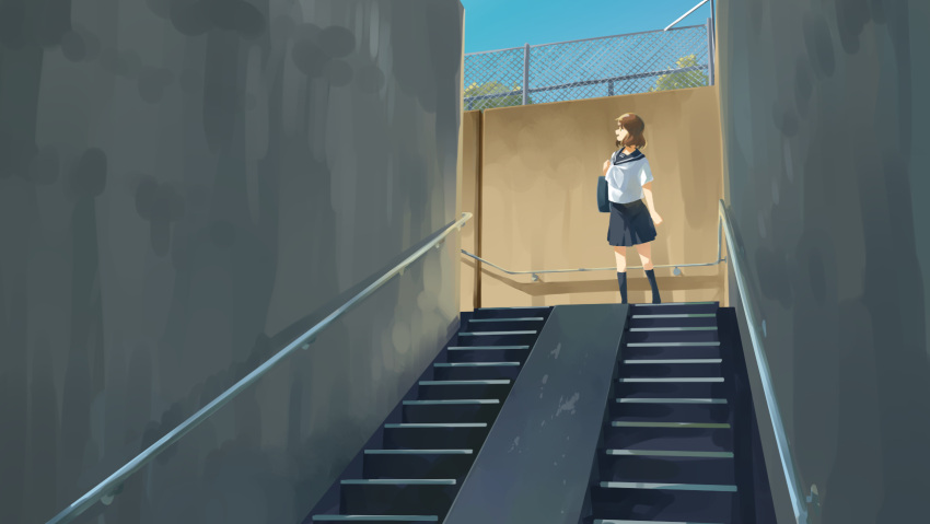 1girl black_legwear black_sailor_collar black_skirt brown_hair fuyuhino hibike!_euphonium highres kneehighs looking_to_the_side neckerchief open_mouth oumae_kumiko sailor_collar school_uniform serafuku short_hair short_sleeves skirt solo stairs white_neckwear