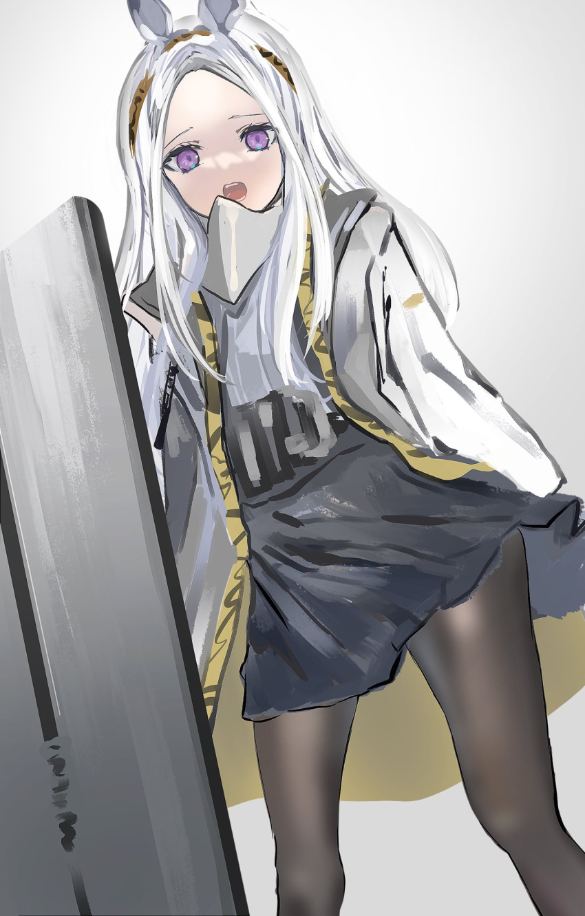 1girl animal_ears arknights black_dress black_legwear brown_hairband coat commentary dress feet_out_of_frame grey_background grey_coat hairband heavyrain_(arknights) highres holding holding_shield long_hair looking_at_viewer mask mask_around_neck nanaponi open_clothes open_coat open_mouth pantyhose purple_pupils shield simple_background solo violet_eyes white_hair zebra_ears