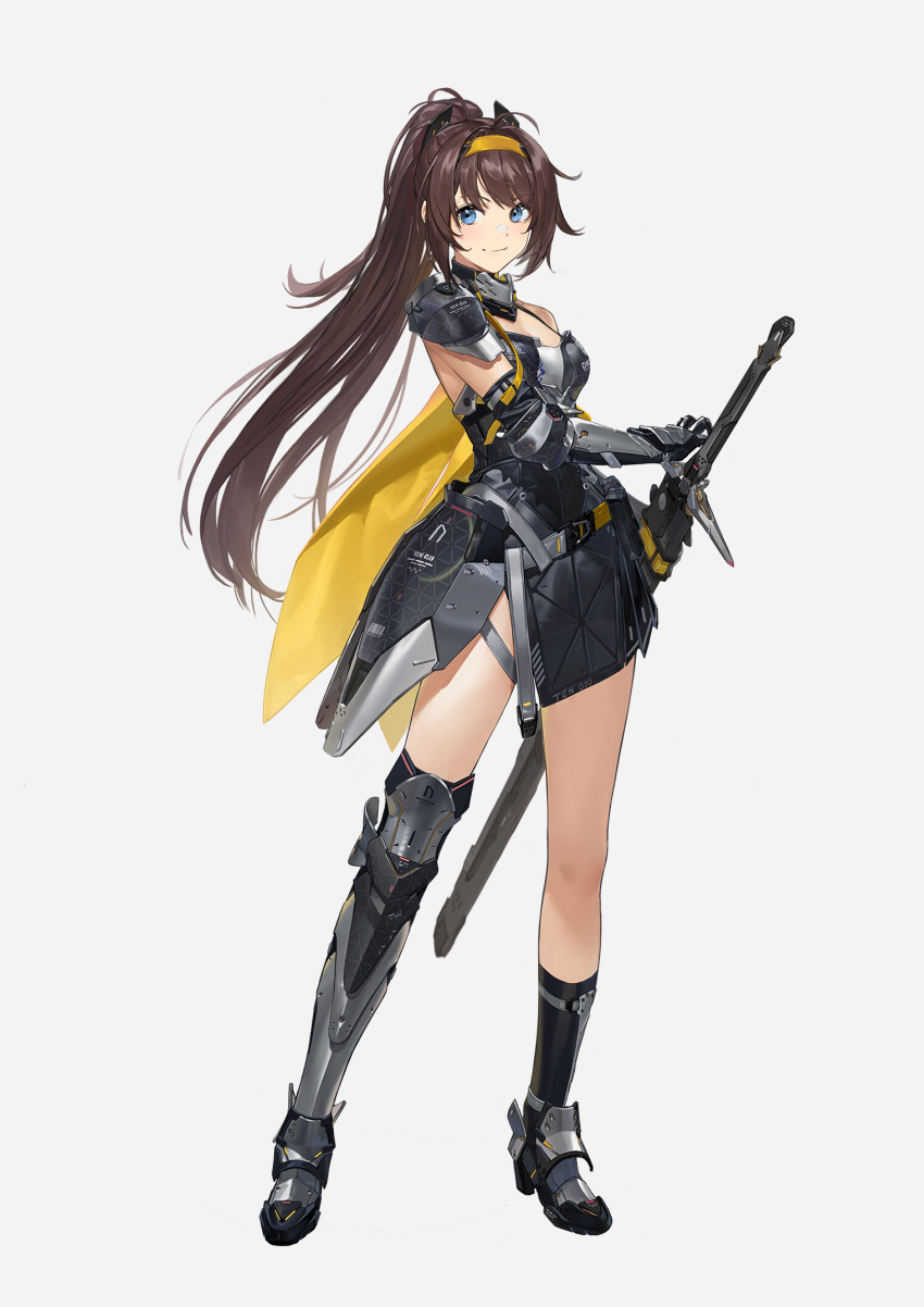 1girl armored_boots bangs black_dress black_legwear blue_eyes boots breasts brown_hair cape closed_mouth commentary_request dress eyebrows_visible_through_hair full_body grey_background hairband headgear highres long_hair original ponytail qiongsheng ready_to_draw sheath sheathed simple_background single_sock single_thighhigh small_breasts smile socks solo standing sword thigh-highs very_long_hair weapon yellow_cape yellow_hairband
