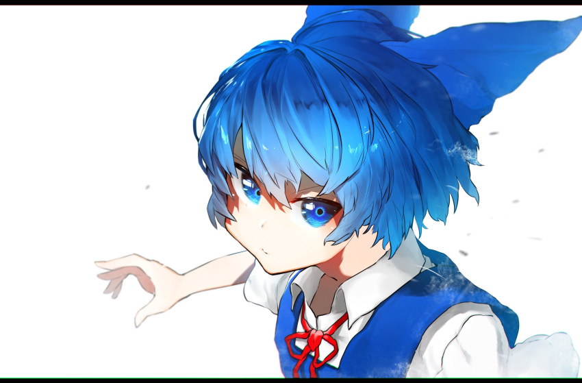 1girl blue_bow blue_eyes blue_hair blue_vest bow cirno closed_mouth collared_shirt hair_bow highres letterboxed looking_at_viewer neck_ribbon niwarhythm red_neckwear red_ribbon ribbon shirt short_sleeves solo touhou upper_body vest white_background white_shirt wing_collar