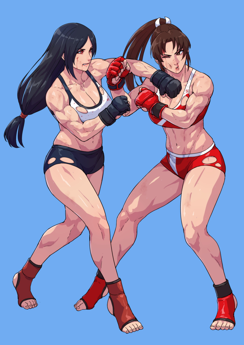 2girls abs absurdres bangs bare_shoulders black_gloves black_hair black_shorts blood blood_on_clothes blood_on_face blue_background breasts brown_eyes brown_hair catfight cirenk clenched_hands collarbone commentary_request commission crop_top face_punch fatal_fury fighting fighting_stance final_fantasy final_fantasy_vii final_fantasy_vii_remake fingerless_gloves gloves highres in_the_face large_breasts long_hair low-tied_long_hair midriff mixed-language_commentary multiple_girls muscular muscular_female navel one_eye_closed parted_bangs ponytail punching red_eyes red_gloves red_shorts red_tank_top shiranui_mai shirt short_shorts shorts simple_background sleeveless sleeveless_shirt tank_top thighs tifa_lockhart toeless_legwear toes torn_clothes white_tank_top