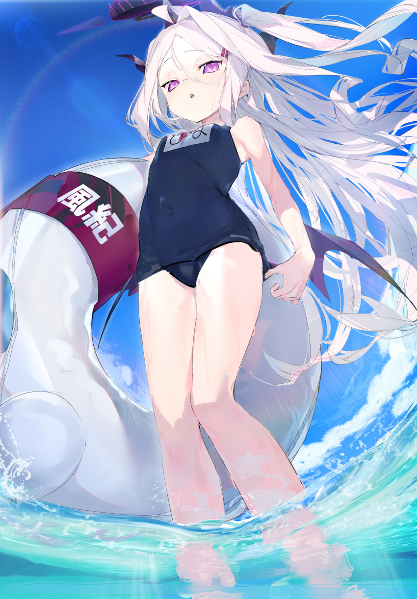 1girl ahoge aida_(chinhung0612) bangs blue_archive blue_swimsuit demon_horns from_below halo highres hina_(blue_archive) horns innertube long_hair looking_at_viewer looking_down multiple_horns name_tag parted_bangs school_swimsuit solo swimsuit violet_eyes water whistle whistle_around_neck white_hair