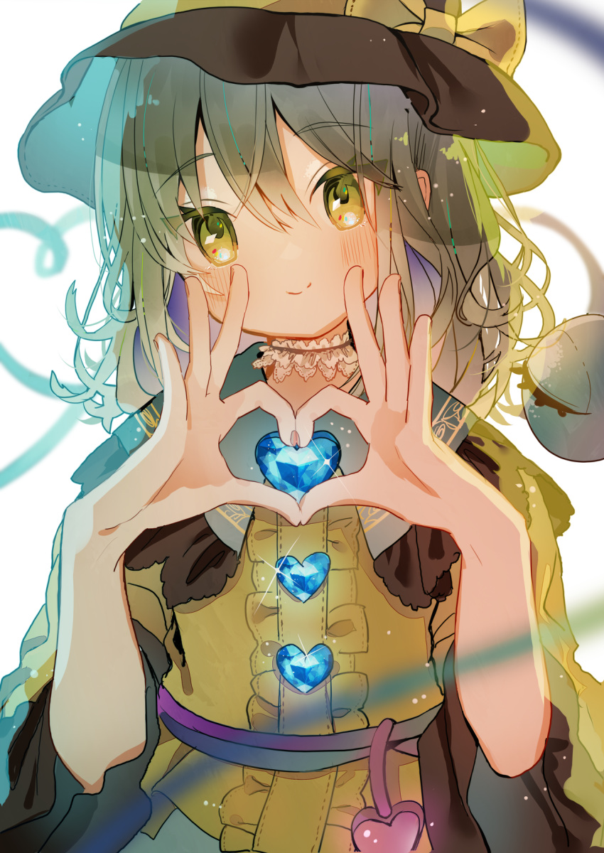 1girl bangs black_headwear blush center_frills choker closed_mouth eyebrows_visible_through_hair frilled_choker frills green_eyes green_hair hands_up hat hat_ribbon heart heart_hands heart_of_string highres komeiji_koishi looking_at_viewer medium_hair ribbon shirt smile tamagogayu1998 third_eye touhou white_background wide_sleeves yellow_ribbon yellow_shirt