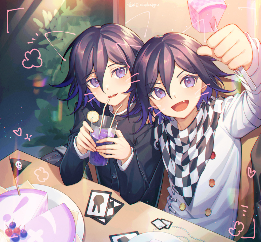 2boys :d absurdres animal_ears arm_up bangs black_jacket buttons cake card cat_ears checkered checkered_scarf clenched_hand commentary_request cup dangan_ronpa_(series) dangan_ronpa_v3:_killing_harmony double-breasted drinking_glass drinking_straw dual_persona ewa_(seraphhuiyu) fake_animal_ears fake_whiskers fang food grey_jacket hair_between_eyes hands_up highres holding huge_filesize indoors jacket long_sleeves looking_at_viewer male_focus multiple_boys official_alternate_costume open_mouth ouma_kokichi parted_lips plant purple_hair scarf sitting skull_print smile soda teeth upper_teeth violet_eyes white_jacket