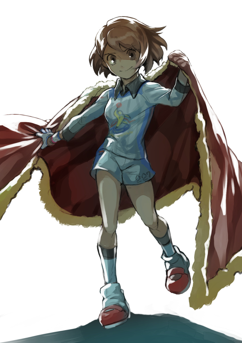 1girl argyle bangs bob_cut brown_eyes brown_hair cape closed_mouth coat collared_shirt commentary_request dynamax_band fur-trimmed_coat fur_trim gloria_(pokemon) gloves gym_challenge_uniform highres holding holding_cape knees komame_(st_beans) looking_at_viewer number pokemon pokemon_(game) pokemon_swsh red_cape shirt shoes short_hair shorts single_glove smile socks solo standing white_shirt white_shorts