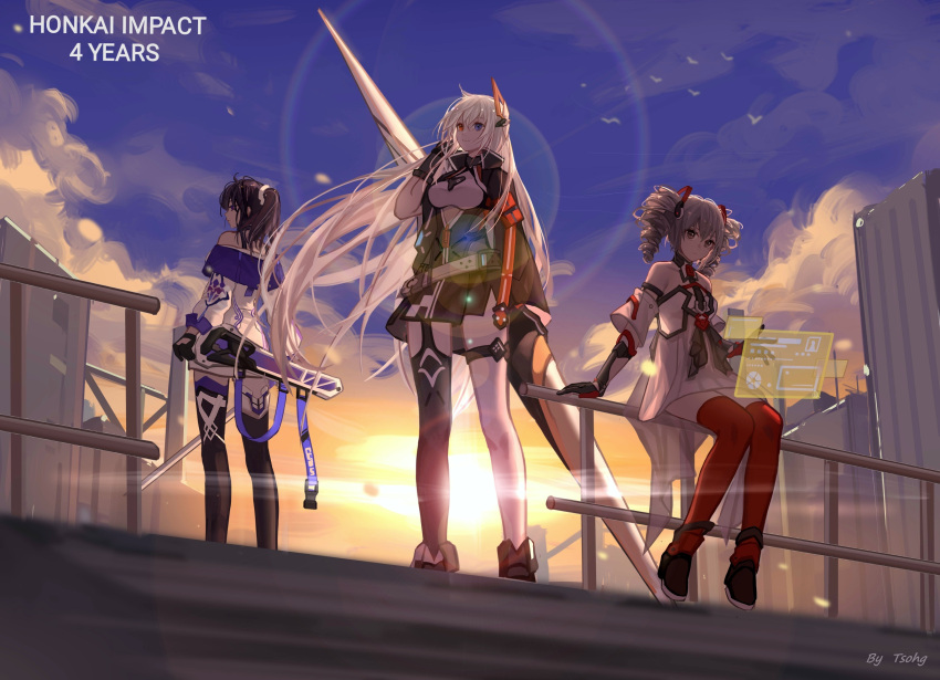 3girls bangs bare_shoulders black_footwear black_gloves black_jacket black_legwear blue_eyes blue_sky bronya_zaychik bronya_zaychik_(drive_kometa) building dress drill_hair full_body gloves grey_eyes grey_hair hair_between_eyes hair_ornament heterochromia highres holding holding_polearm holding_spear holding_sword holding_weapon holographic_interface honkai_(series) honkai_impact_3rd jacket katana kiana_kaslana kiana_kaslana_(void_drifter) long_hair looking_at_viewer looking_back multiple_girls outdoors polearm ponytail purple_hair raiden_mei raiden_mei_(striker_fulminata) red_legwear sheath shoes single_thighhigh sitting sky sneakers spear standing sun sunrise sword thigh-highs tsohg twin_drills violet_eyes weapon white_dress white_hair white_jacket yellow_eyes