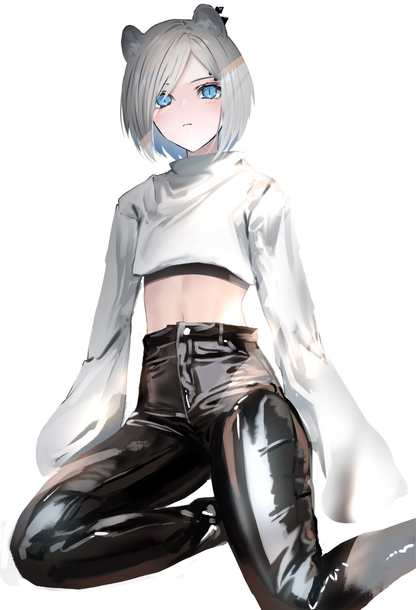 1girl arknights black_pants blue_eyes closed_mouth crop_top ear_piercing expressionless eyebrow_piercing highres hood hoodie leather leather_pants long_sleeves looking_at_viewer midriff nanaponi pants piercing shirayuki_(arknights) short_hair simple_background sitting sleeves_past_fingers sleeves_past_wrists slit_pupils solo stoat_ears white_background white_hair white_hoodie