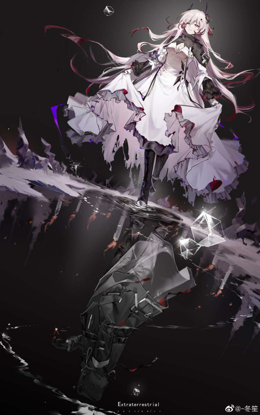 1girl absurdres ambiguous_gender arknights black_legwear candle cleavage_cutout clothes_lift clothing_cutout cube different_reflection doctor_(arknights) dongsheng dress dress_lift fire highres horns matchstick reflection shoes theresa_(arknights)