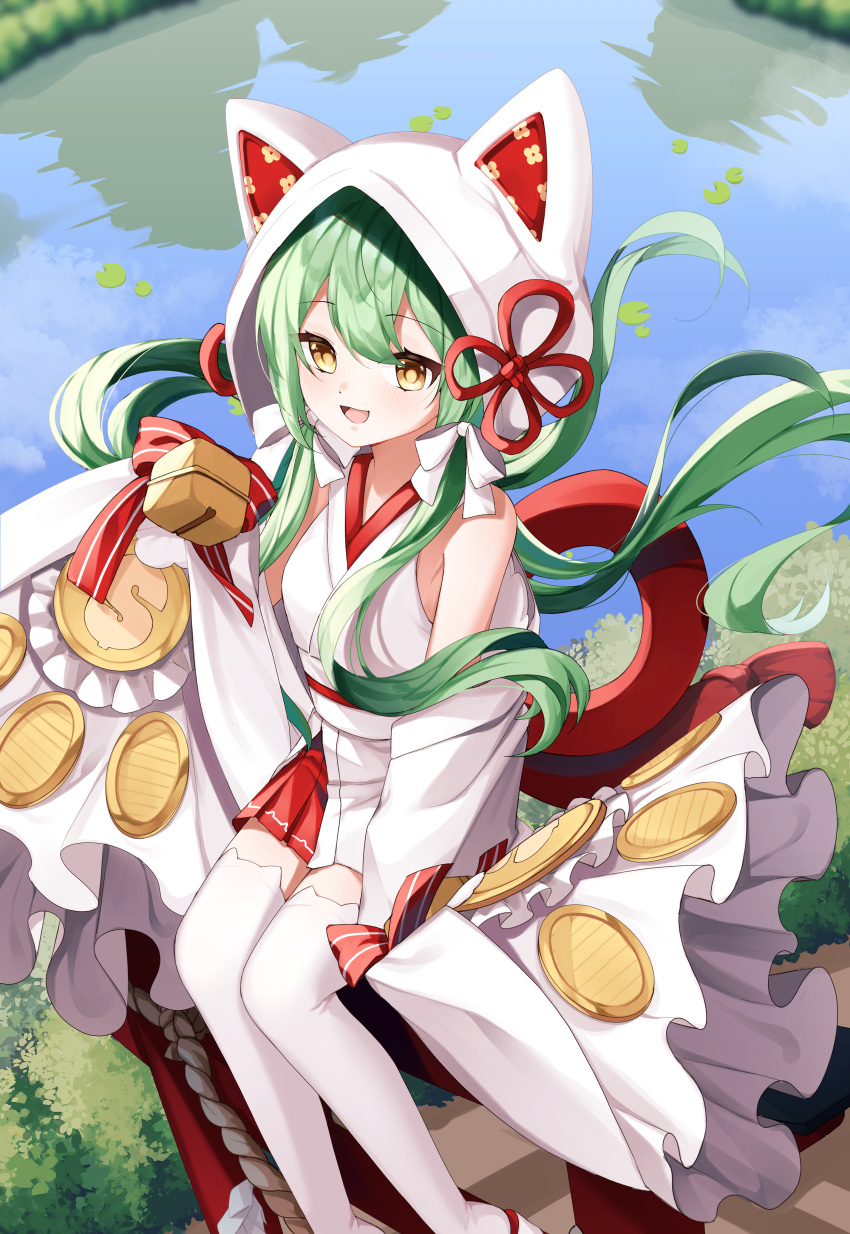 1girl :d absurdres akashi_(azur_lane) akashi_(white_cat's_repayment)_(azur_lane) animal_ears azur_lane bangs bell bow cat_ears coin commentary_request detached_sleeves eyebrows_visible_through_hair eyes_visible_through_hair fake_animal_ears green_hair hair_between_eyes hair_bow hair_ribbon hareriya highres japanese_clothes kimono long_hair looking_at_viewer low_twintails open_mouth pleated_skirt ribbon sidelocks sitting skirt sleeves_past_wrists smile solo thigh-highs tsunokakushi twintails uchikake white_legwear wide_sleeves yellow_eyes zettai_ryouiki