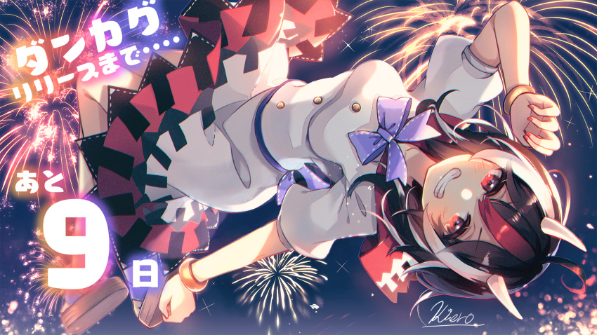 1girl arm_up arrow_(symbol) artist_name bangs black_hair blush bow bowtie bracelet breasts brown_footwear buttons closed_mouth dress eyebrows_visible_through_hair fireworks flying hair_between_eyes hand_up highres horns jewelry kijin_seija kirero light looking_at_viewer medium_breasts multicolored multicolored_hair night night_sky number puffy_short_sleeves puffy_sleeves purple_bow purple_footwear purple_neckwear red_eyes redhead sandals shadow short_hair short_sleeves sky smile solo teeth touhou white_dress white_hair