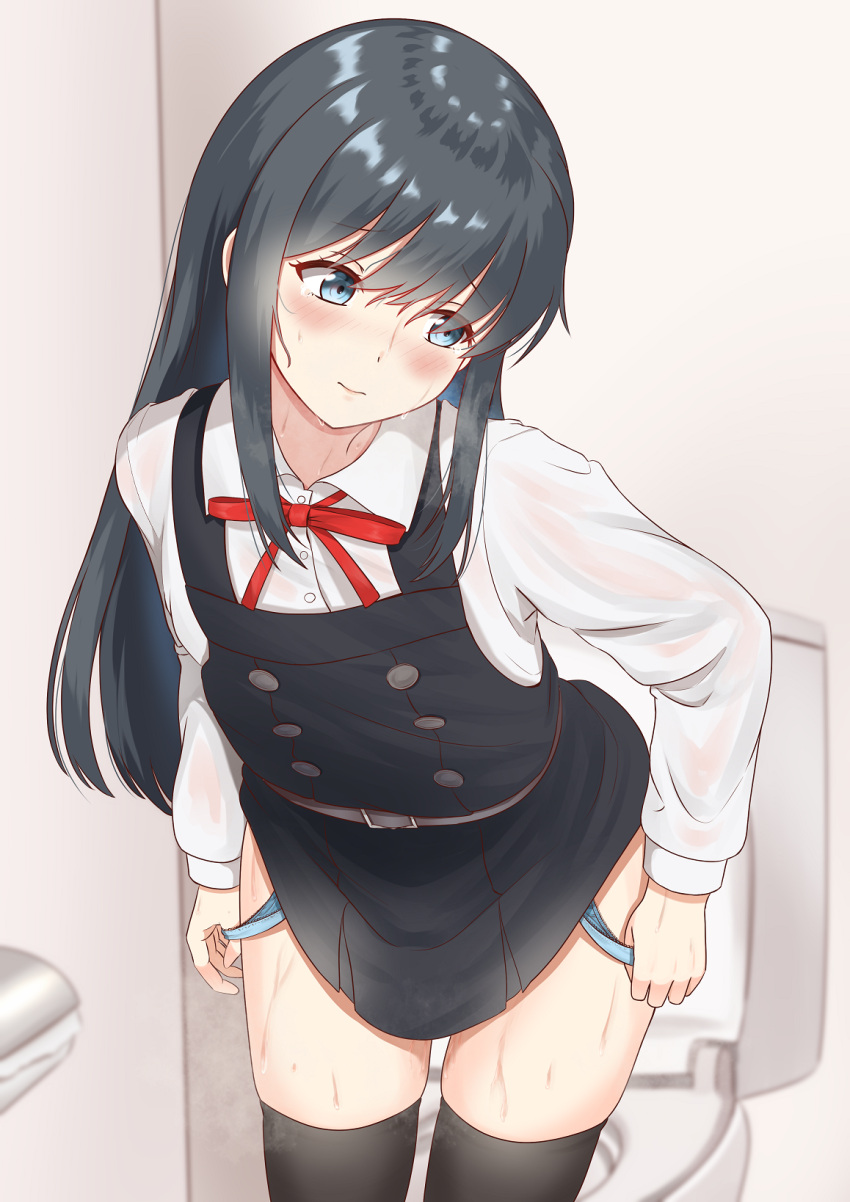 1girl asashio_(kancolle) belt belt_buckle black_dress black_hair black_legwear blue_eyes blue_panties blush buckle buttons closed_mouth collared_shirt cowboy_shot dress eyebrows_visible_through_hair grey_belt hair_between_eyes highres kantai_collection long_hair long_sleeves panties pinafore_dress red_ribbon remodel_(kantai_collection) ribbon shirt solo thigh-highs toilet underwear white_shirt zuki