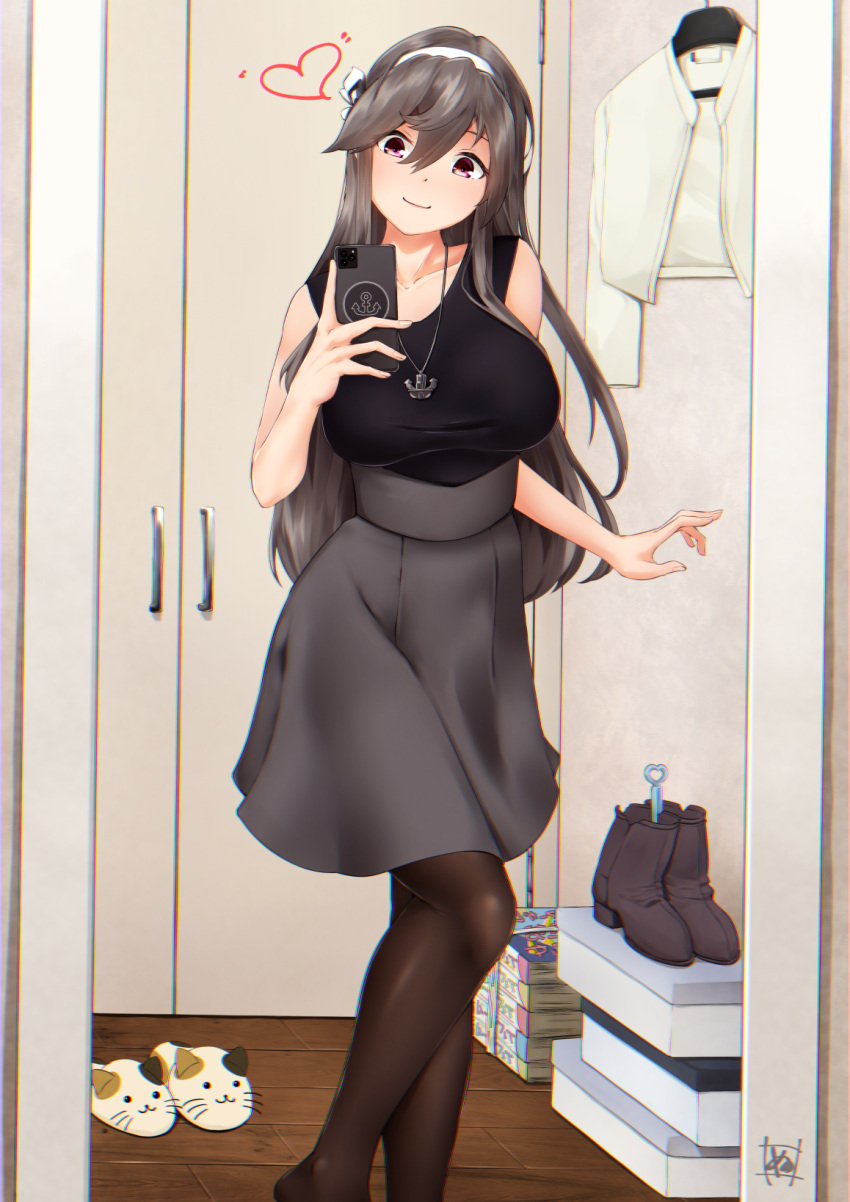 1girl anchor_symbol bangs black_legwear black_shirt boots breasts brown_footwear cellphone changing_room clothes_hanger grey_hair grey_skirt hair_between_eyes hairband haruna_(kancolle) heart highres holding holding_phone jewelry kantai_collection large_breasts long_hair magazine mirror necklace off_shoulder phone pink_eyes selfie shirt signature skirt slippers smartphone smile solo tadokoro_nurikabe thigh-highs white_hairband