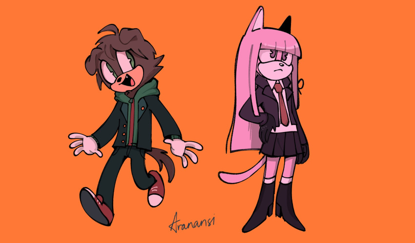 1boy 1girl :d ade_(aranansi) ahoge animal_ears artist_name bangs black_footwear black_gloves black_jacket black_skirt blunt_bangs brown_hair cat_ears cat_tail commentary crossover dangan_ronpa:_trigger_happy_havoc dangan_ronpa_(series) dog_ears dog_tail english_commentary fang full_body furry glasses gloves green_eyes green_hoodie hair_ribbon hand_on_hip highres hood hood_down hoodie jacket kirigiri_kyouko long_hair naegi_makoto necktie open_clothes open_jacket open_mouth orange_background pink_hair pleated_skirt ribbon school_uniform short_hair simple_background skirt smile sonic_(series) tail