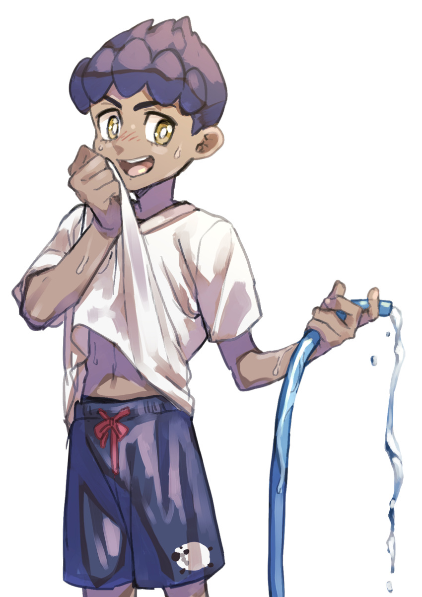 1boy :d alternate_costume blush bright_pupils dark-skinned_male dark_skin hand_up highres holding holding_hose hop_(pokemon) hose komame_(st_beans) male_focus open_mouth pokemon pokemon_(game) pokemon_swsh purple_hair shirt short_hair short_sleeves shorts smile solo sweat t-shirt tongue upper_teeth water white_pupils white_shirt wiping_sweat yellow_eyes