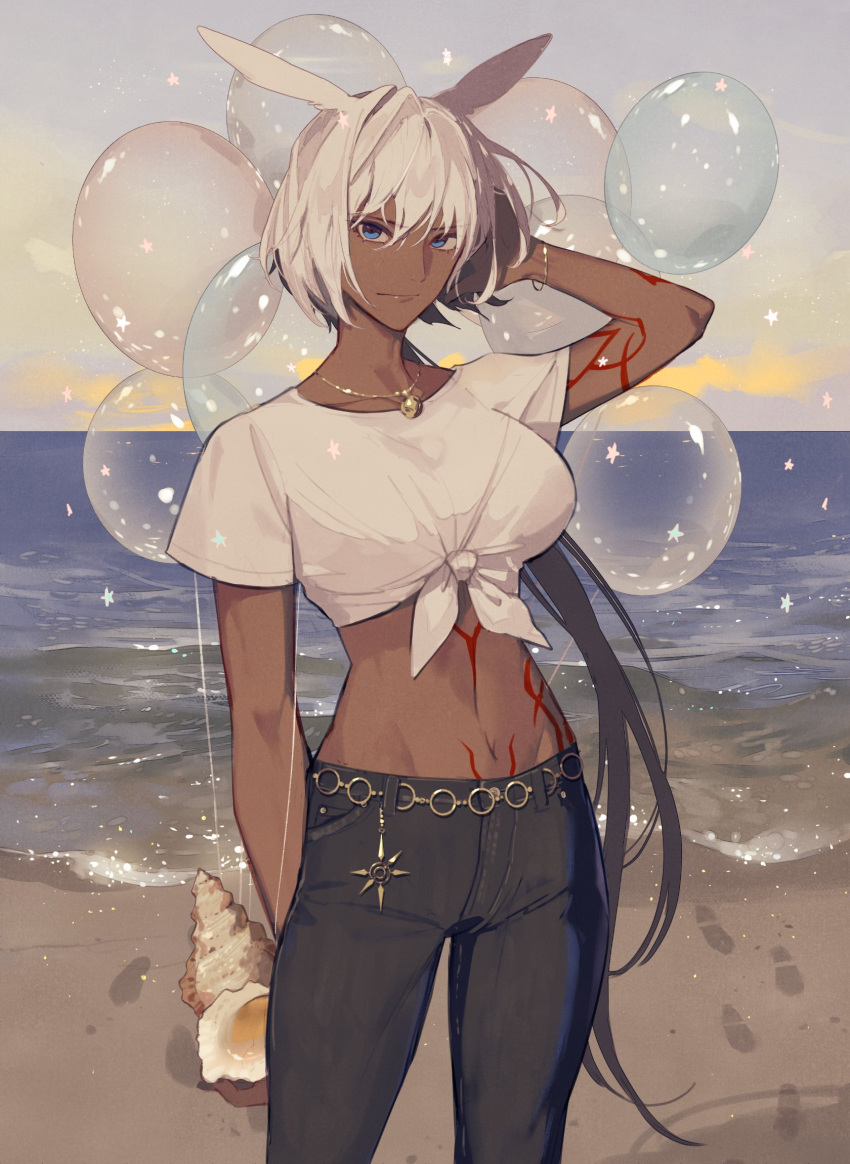 1girl animal_ears balloon beach blue_eyes body_markings bracelet caenis_(fate) casual chain_belt clouds conch cowboy_shot dark-skinned_female dark_skin denim fate/grand_order fate_(series) front-tie_top highres jeans jewelry necklace ocean pants purple_sky semi_finalfight white_hair