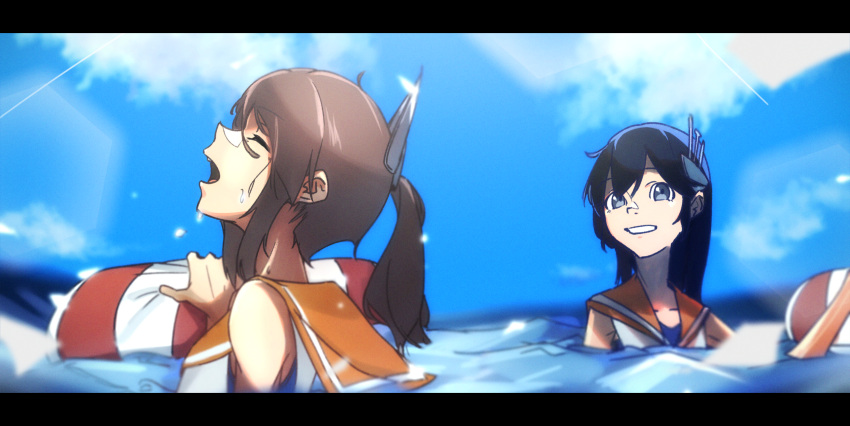 2girls absurdres black_hair blue_sky brown_hair closed_eyes clouds day headgear highres huge_filesize i-400_(kancolle) i-401_(kancolle) kan6e_ver kantai_collection lifebuoy long_hair multiple_girls orange_sailor_collar outdoors parted_lips ponytail sailor_collar sailor_shirt shirt sky sleeveless smile upper_body water