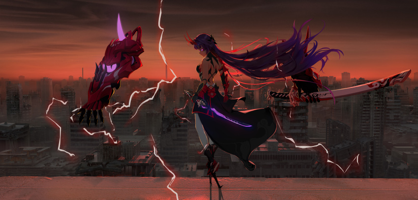 1girl absurdres armor back bangs city cityscape clouds cloudy_sky disembodied_limb full_body gauntlets glowing glowing_weapon hair_between_eyes highres holding holding_sword holding_weapon honkai_(series) honkai_impact_3rd horns japanese_armor katana long_hair outdoors purple_hair raiden_mei raiden_mei_(herrscher_of_thunder) red_sky sanshisichuyier sheath sheathed single_gauntlet sky solo standing sunset sword thigh-highs violet_eyes weapon white_legwear