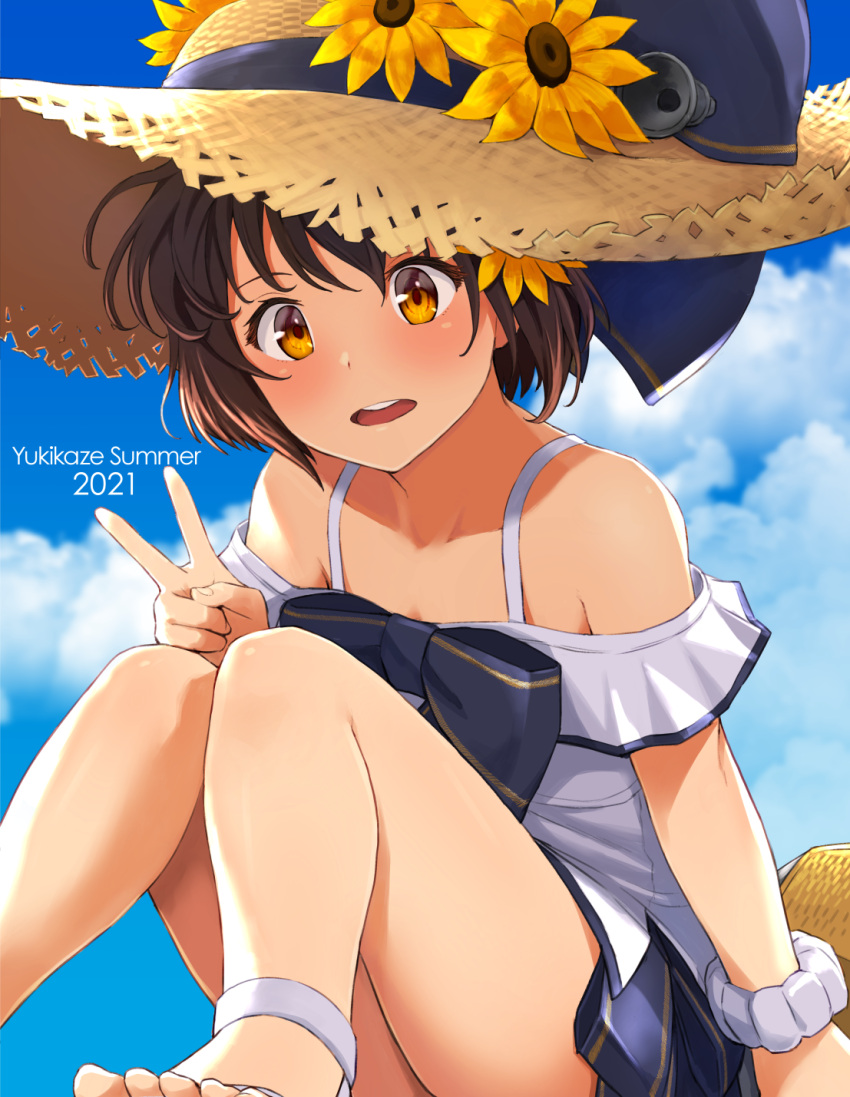 1girl 2021 bangs blue_bow blue_sky bow brown_hair character_name clouds day dress flower hat hat_flower highres kantai_collection off-shoulder_dress off_shoulder open_mouth orange_eyes outdoors short_hair sky solo straw_hat summer upper_body v watanore white_dress yellow_flower yukikaze_(kancolle)