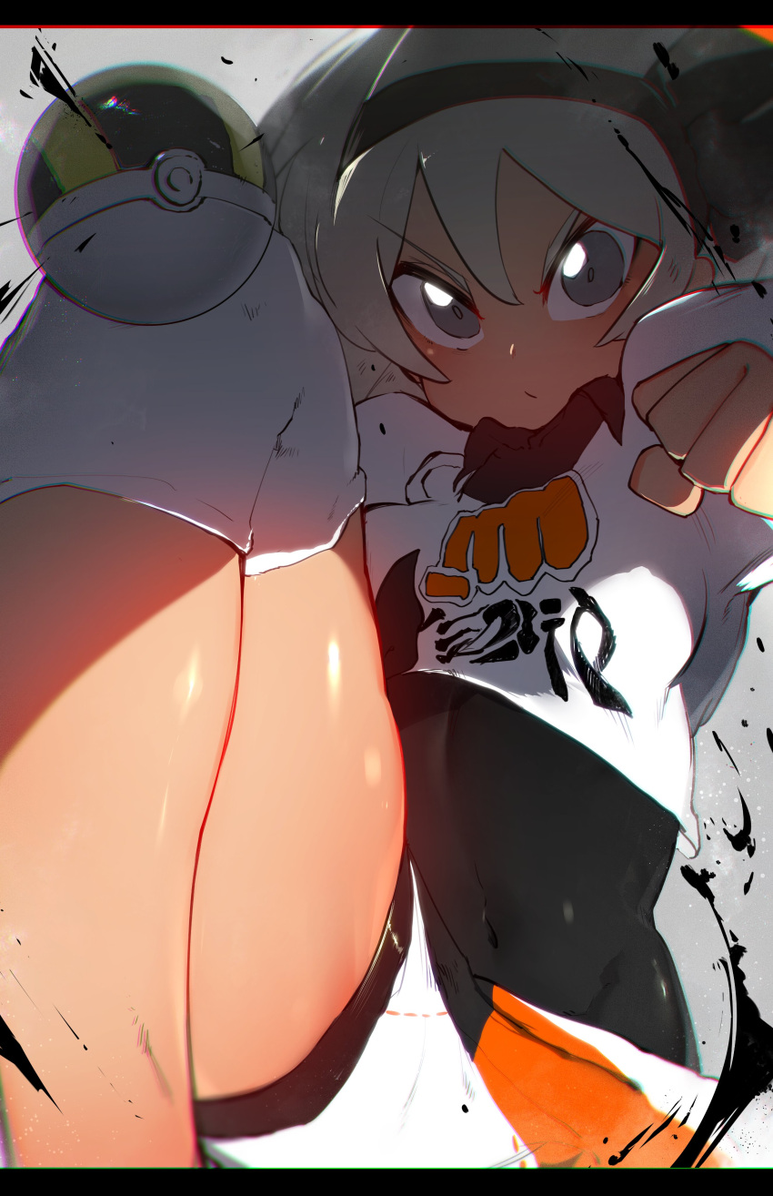 1girl absurdres bea_(pokemon) black_hairband bodysuit closed_mouth covered_navel cropped_shirt fighting_stance frown grey_eyes grey_hair hairband hand_up highres knee_pads letterboxed looking_at_viewer medium_hair navel niwarhythm poke_ball pokemon pokemon_(game) pokemon_swsh shirt solo ultra_ball v-shaped_eyebrows white_shirt