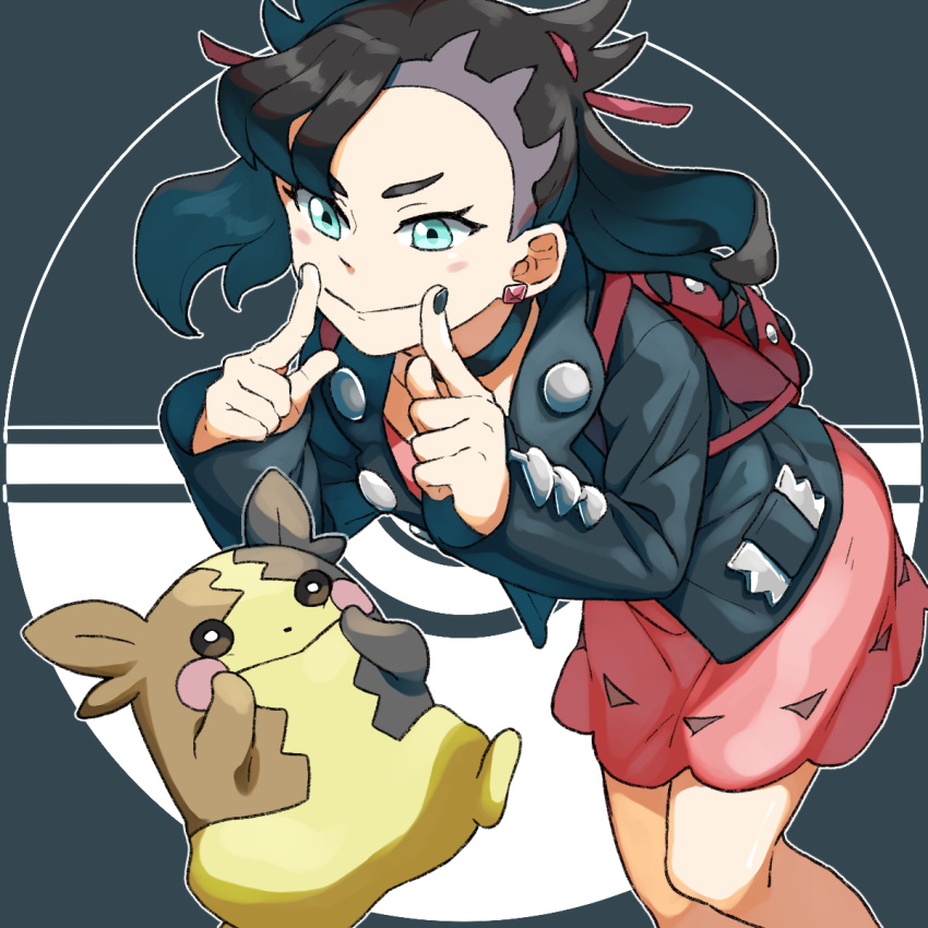 1girl asymmetrical_bangs backpack bag bangs black_choker black_hair black_jacket black_nails blush_stickers choker commentary_request dress earrings fingersmile gen_8_pokemon green_eyes hair_ribbon hands_up highres imitating jacket jewelry komame_(st_beans) marnie_(pokemon) morpeko morpeko_(full) nail_polish open_clothes open_jacket pink_dress pokemon pokemon_(creature) pokemon_(game) pokemon_swsh red_bag red_ribbon ribbon