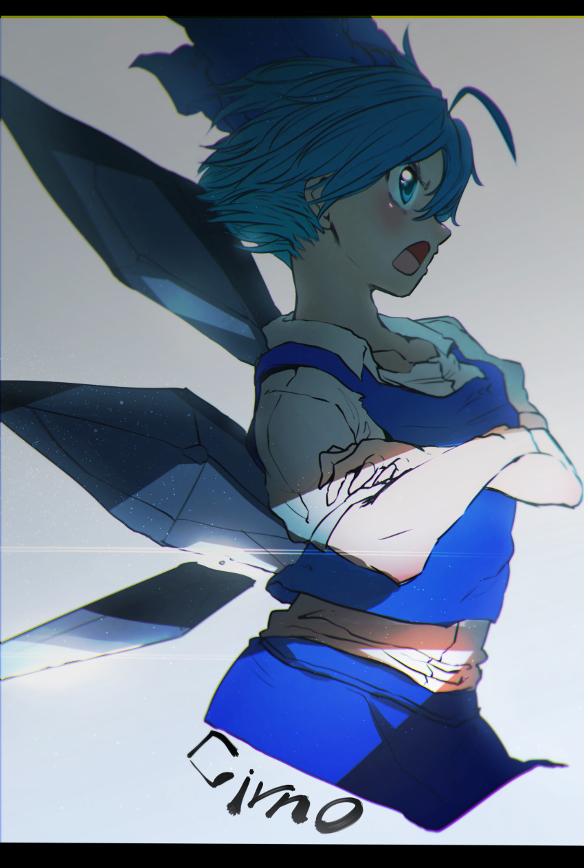 1girl absurdres ahoge blue_bow blue_hair blue_skirt blue_vest blush bow character_name cirno crossed_arms from_side grey_background hair_bow highres ice ice_wings letterboxed niwarhythm open_mouth profile shirt short_hair sideways_mouth skirt solo touhou vest white_shirt wings