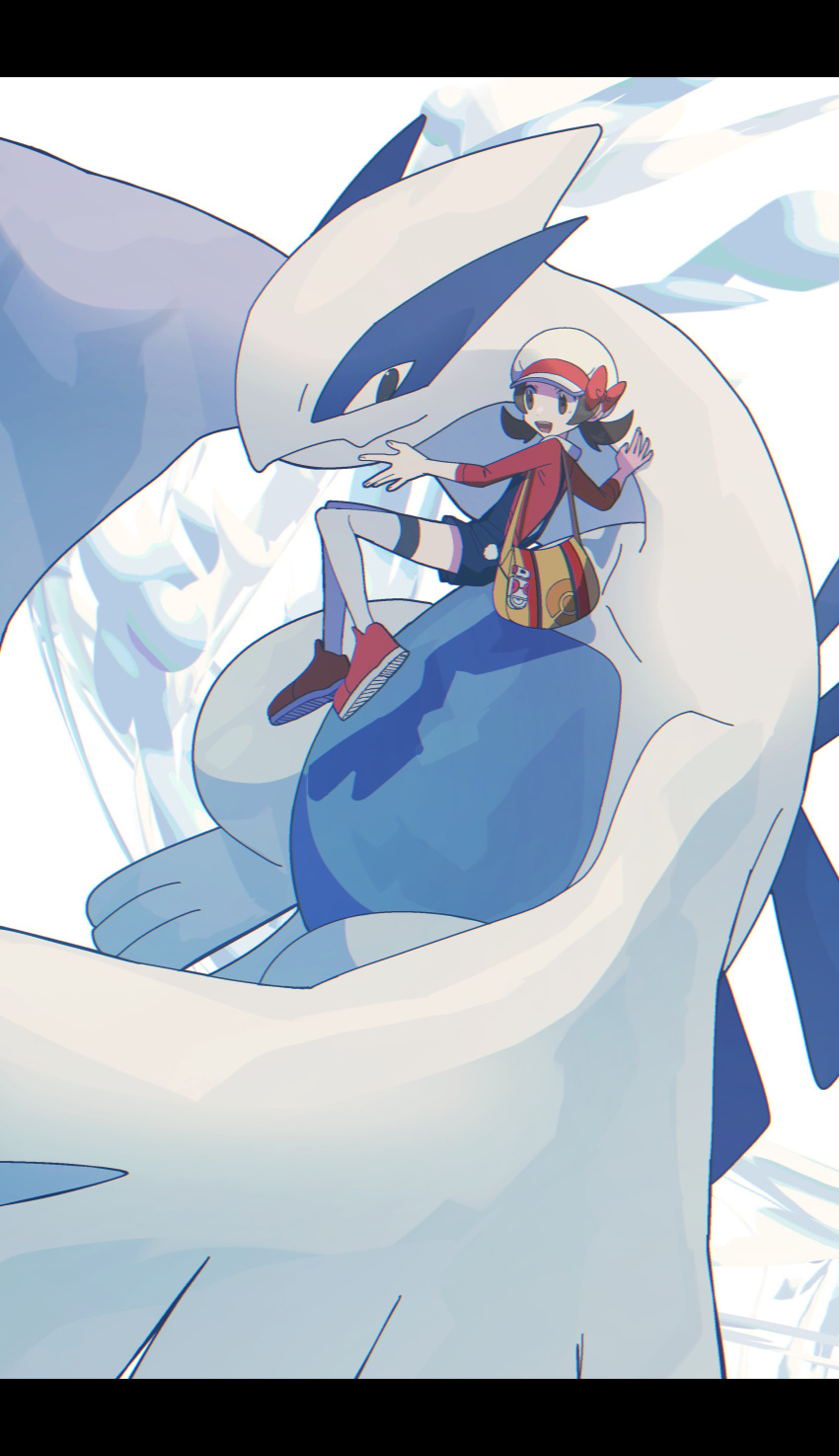1girl absurdres asagiri_kogen blue_overalls bow brown_eyes brown_hair cabbie_hat commentary gen_2_pokemon hat hat_bow highres legendary_pokemon long_hair lugia lyra_(pokemon) open_mouth pokegear pokemon pokemon_(creature) pokemon_(game) pokemon_hgss red_bow red_footwear red_shirt shirt shoes smile thigh-highs twintails white_headwear white_legwear yellow_bag
