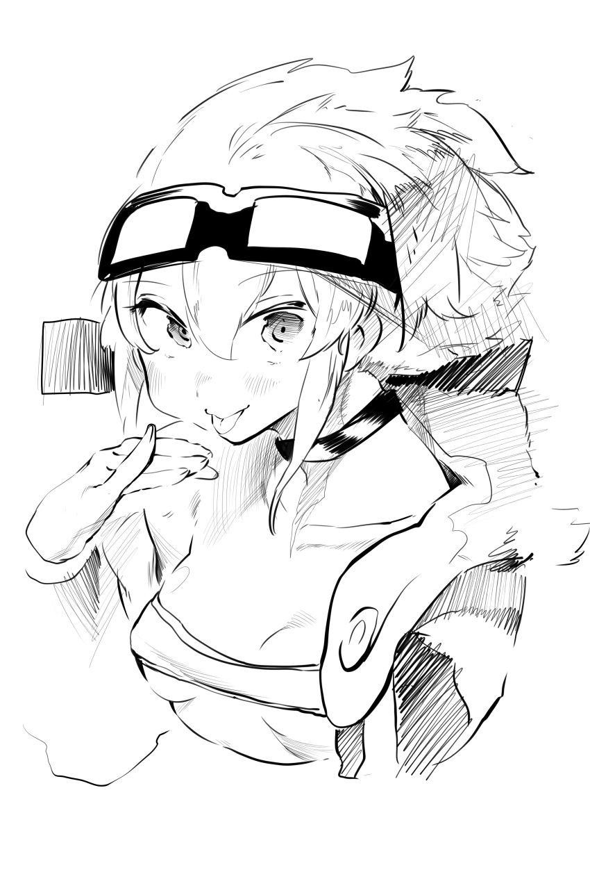 1girl absurdres bandeau breasts choker closed_mouth goggles goggles_on_head greyscale hair_between_eyes highres jacket looking_at_viewer monochrome niwamaru_(niwarhythm) niwarhythm original simple_background small_breasts smile solo strapless tubetop upper_body white_background