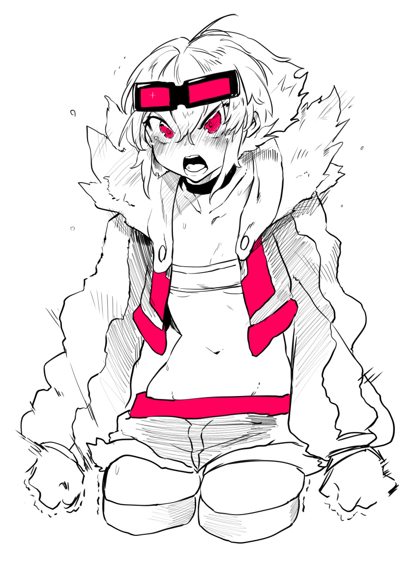 absurdres angry bandeau choker cropped_jacket cropped_legs goggles goggles_on_head highres jacket long_sleeves navel niwamaru_(niwarhythm) niwarhythm open_clothes open_jacket open_mouth original red_eyes short_hair short_shorts shorts simple_background spot_color standing strapless thigh-highs tubetop white_background