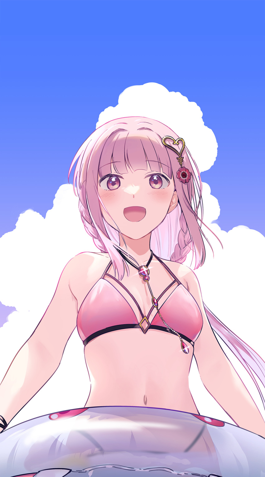 1girl bare_arms bare_shoulders bikini blue_sky breasts clouds facing_viewer fuji_fujino hair_ornament highres jewelry magia_record:_mahou_shoujo_madoka_magica_gaiden mahou_shoujo_madoka_magica navel necklace open_mouth pink_bikini pink_eyes pink_hair sky small_breasts smile solo swimsuit tamaki_iroha upper_body