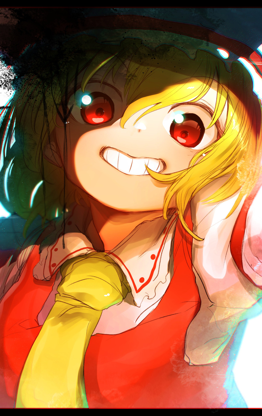 1girl absurdres blonde_hair flandre_scarlet grin highres letterboxed looking_at_viewer medium_hair necktie niwarhythm puffy_short_sleeves puffy_sleeves red_eyes red_vest shirt short_sleeves smile solo touhou upper_body vest white_background white_headwear white_shirt yellow_neckwear