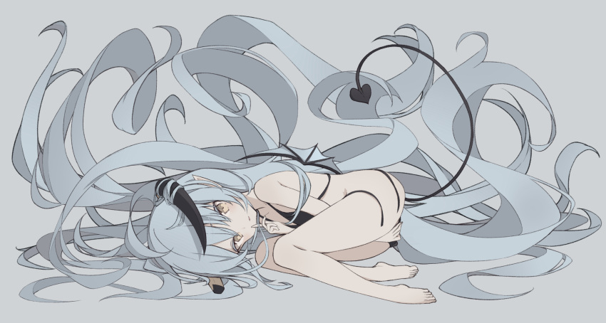 1girl absurdly_long_hair bare_arms bare_legs bare_shoulders barefoot bikini black_bikini brown_eyes covering covering_crotch curled_horns demon_girl demon_horns demon_tail demon_wings full_body grey_background grey_hair highres horns index_finger_raised long_hair lying on_side original parted_lips paryi side-tie_bikini simple_background smile solo swimsuit tail untied untied_bikini very_long_hair wings