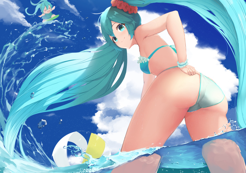 1girl absurdly_long_hair absurdres adjusting_clothes adjusting_swimsuit ass ball bangs beachball bikini blue_bikini blue_eyes blue_hair blue_sky blush closed_mouth clouds day floating_hair frilled_bikini frills from_behind hair_between_eyes hatsune_miku highres long_hair nenma ocean outdoors shiny shiny_hair sky smile solo swimsuit twintails very_long_hair vocaloid wading