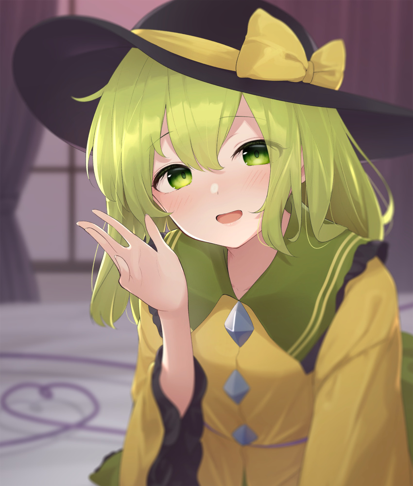 1girl bangs bed black_headwear blouse blurry blurry_background blush bow collar crystal curtains eyebrows_visible_through_hair eyes_visible_through_hair frills gradient gradient_sky green_eyes green_hair green_skirt hair_between_eyes hand_up hat hat_bow highres jewelry kanpa_(campagne_9) komeiji_koishi long_sleeves looking_at_viewer open_mouth pink_sky purple_sky short_hair skirt sky smile solo sunset touhou wide_sleeves window yellow_blouse yellow_bow