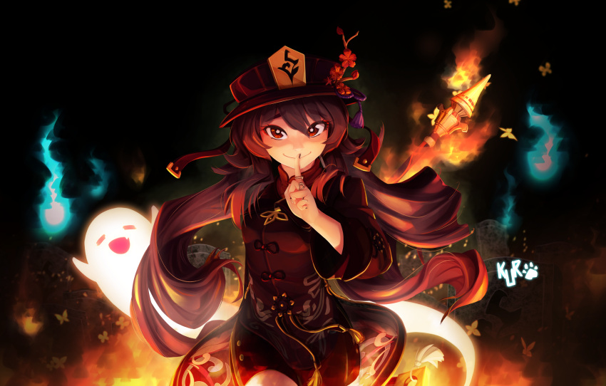 1girl :d absurdres bangs black_background black_shorts brown_hair bug butterfly chinese_clothes commentary_request eyebrows_visible_through_hair finger_to_mouth fire flower genshin_impact ghost hair_between_eyes hat hat_flower hat_ornament highres hitodama hu_tao_(genshin_impact) index_finger_raised insect kuroqueta long_hair long_sleeves looking_at_viewer open_mouth red_eyes shorts sidelocks smile staff symbol-shaped_pupils twintails
