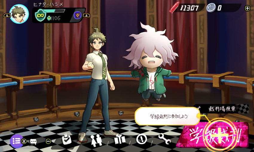 ... 2boys :d ahoge bangs brown_footwear buttons checkered checkered_floor closed_eyes coin collared_shirt commentary_request curtains dangan_ronpa_(series) dangan_ronpa_2:_goodbye_despair fake_screenshot green_jacket grey_hair highres hinata_hajime indoors jacket komaeda_nagito looking_at_viewer male_focus messy_hair monokuma multiple_boys necktie number open_clothes open_jacket open_mouth pants pokemon pokemon_(game) pokemon_unite print_neckwear print_shirt shiny shiny_hair shirt shoes short_hair smile speech_bubble standing symbol translation_request upper_teeth white_shirt wrench youko-shima