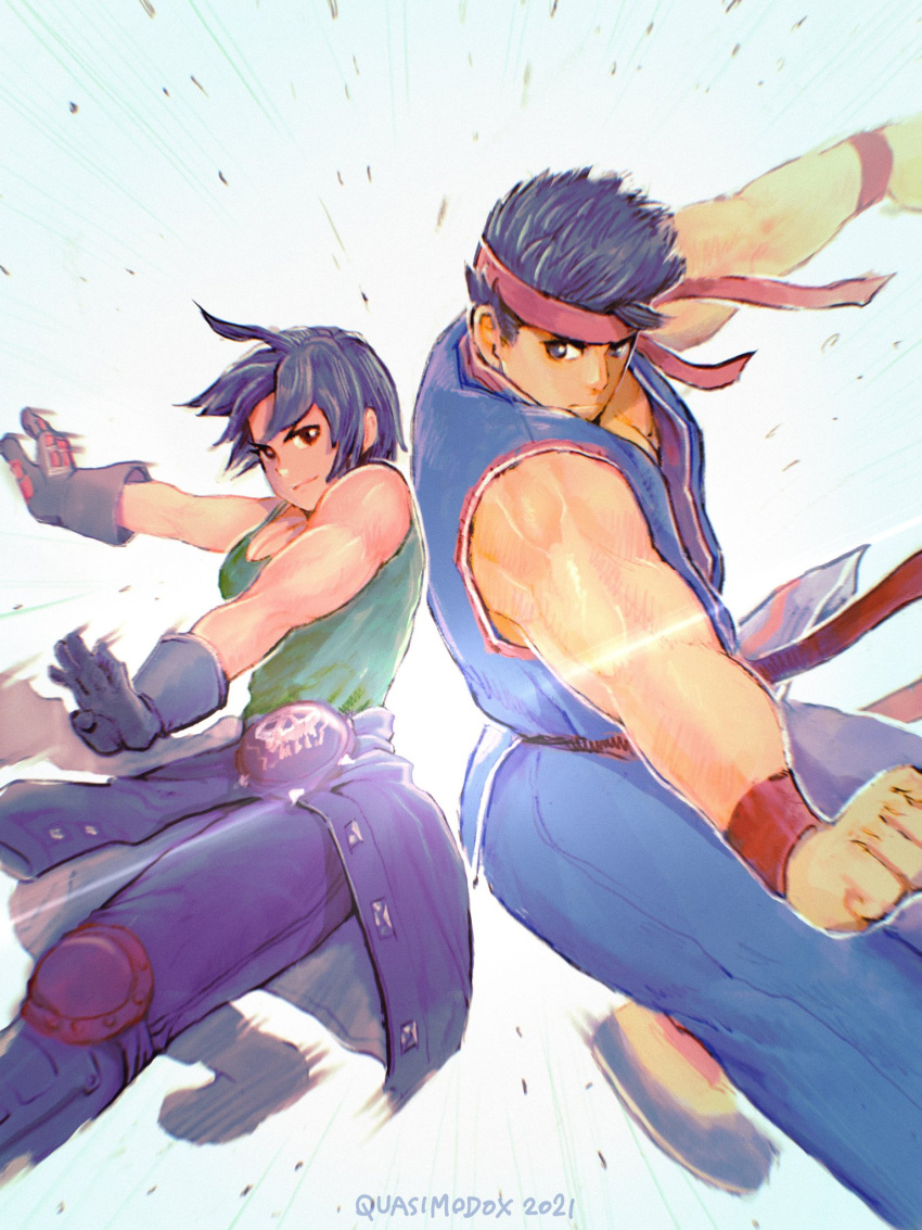 1boy 1girl back-to-back biker_clothes black_gloves black_hair boots breasts clothes_around_waist commentary_request crossover dougi flats gloves green_tank_top headband height_difference highres jacket jacket_around_waist kazama_akira kung_fu leather leather_jacket leather_pants martial_arts medium_breasts muscular muscular_female muscular_male namesake pants power_connection quasimodox red_headband rival_schools sleeveless street_fighter street_fighter_v tank_top tetsuzankou virtua_fighter yuki_akira