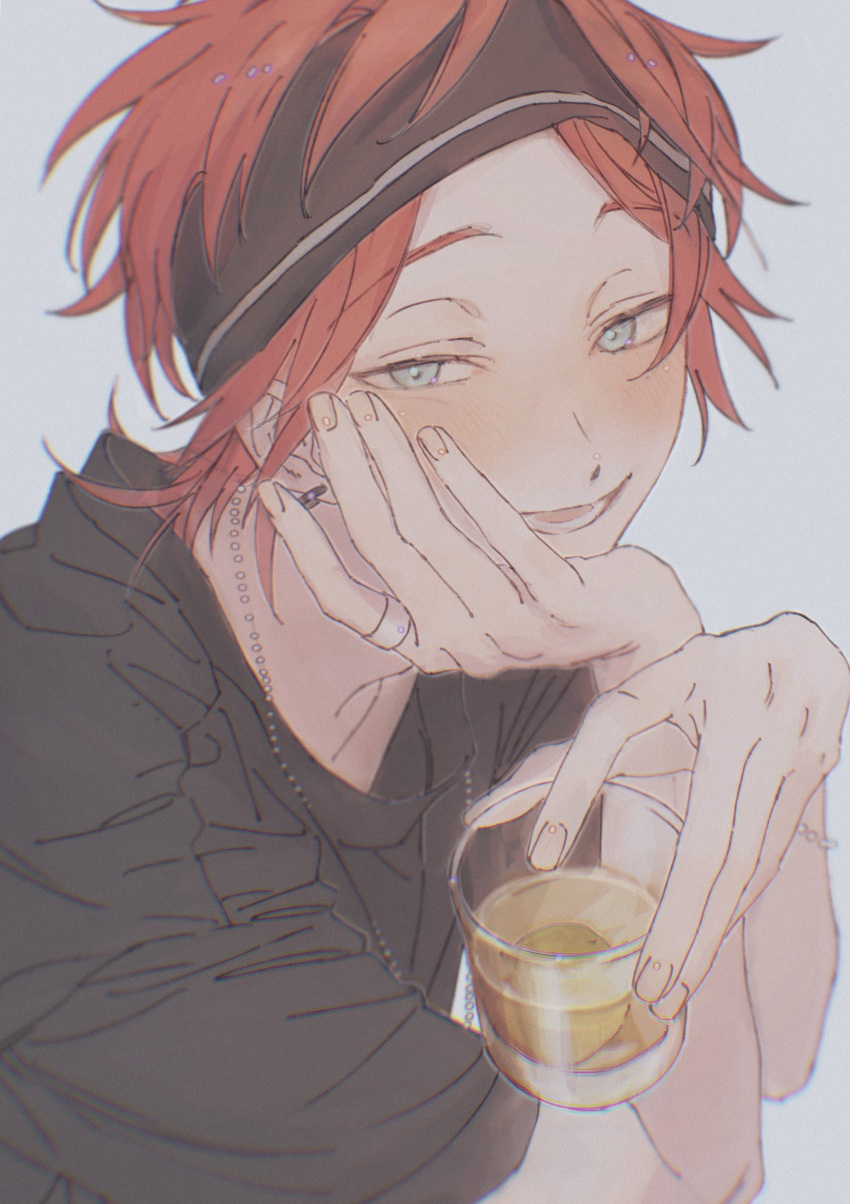 1boy absurdres alcohol amagi_rinne aqua_eyes black_shirt blush chain_necklace chromatic_aberration commentary crazy_b_(ensemble_stars!) cup drinking_glass earrings ensemble_stars! grey_background head_rest highres holding holding_cup jewelry looking_at_viewer male_focus min_(812nn_im) muted_color redhead ring shirt short_hair shot_glass simple_background smile solo sweatband