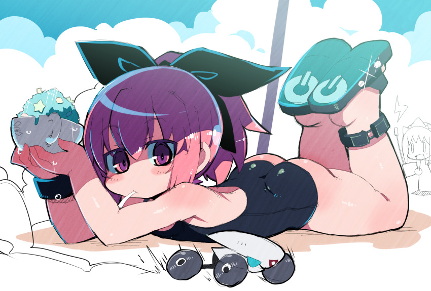 1girl black_bow black_swimsuit blush_stickers bow bow_hairband hair_bow hairband highres holding looking_at_viewer lying mouth_hold on_stomach one-piece_swimsuit original ponytail purple_hair sandals swimsuit violet_eyes zankuro