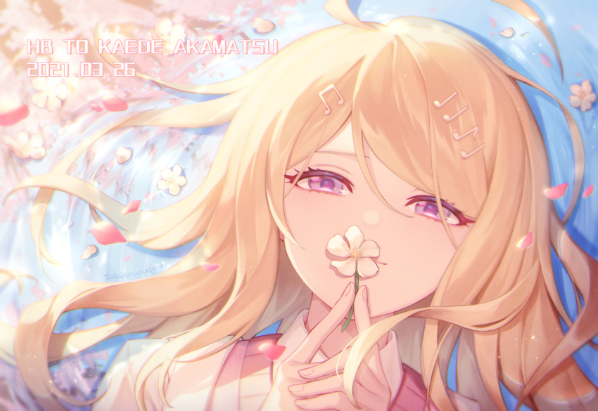 1girl ahoge akamatsu_kaede bangs blonde_hair cherry_blossoms commentary_request covering_mouth dangan_ronpa_(series) dangan_ronpa_v3:_killing_harmony dated ewa_(seraphhuiyu) eyebrows_visible_through_hair flower hair_between_eyes hair_ornament happy_birthday highres holding holding_flower long_hair looking_at_viewer petals petals_on_liquid pink_eyes pink_vest shiny shiny_hair shirt solo sweater upper_body vest violet_eyes water white_flower