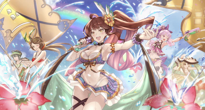 5girls bikini breasts brown_hair canna_(granblue_fantasy) commentary_request diantha_(granblue_fantasy) diola_(granblue_fantasy) flower granblue_fantasy hair_flower hair_ornament harie_(granblue_fantasy) hat highres linaria_(granblue_fantasy) microphone multiple_girls open_mouth pink_hair rainbow signature sky standing swimsuit water water_gun zrame