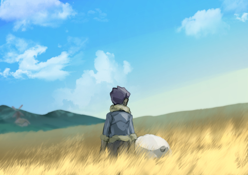 1boy black_pants blue_jacket clouds commentary_request dark-skinned_male dark_skin day fur-trimmed_jacket fur_trim gen_8_pokemon highres hop_(pokemon) jacket komame_(st_beans) male_focus outdoors pants pokemon pokemon_(creature) pokemon_(game) pokemon_swsh purple_hair short_hair sky sleeves_past_elbows standing wheat_field windmill wooloo