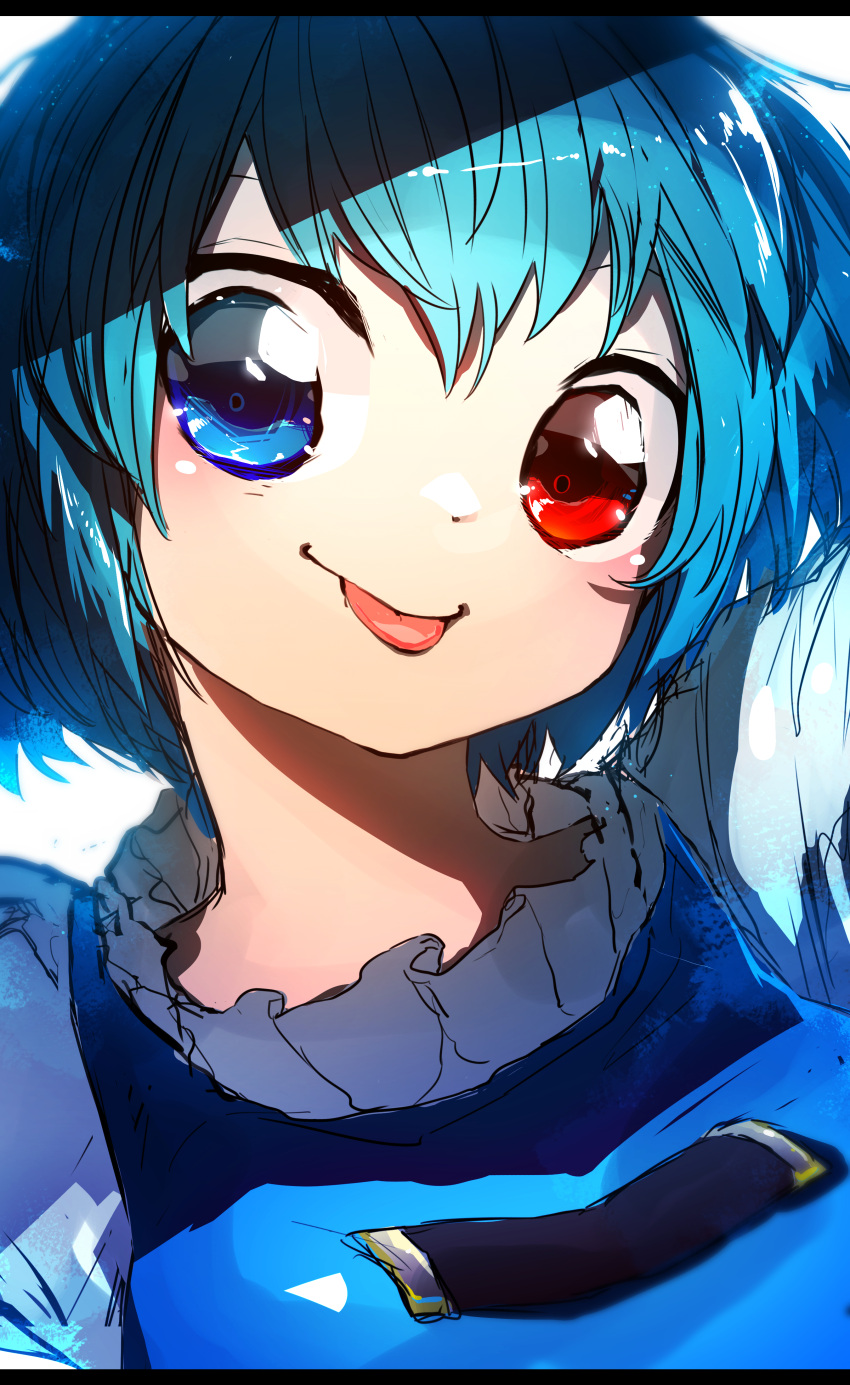 1girl :p absurdres blue_eyes blue_hair blue_vest closed_mouth heterochromia highres letterboxed looking_at_viewer medium_hair niwarhythm portrait red_eyes sanpaku shirt smile solo tatara_kogasa tongue tongue_out touhou upper_body vest white_shirt
