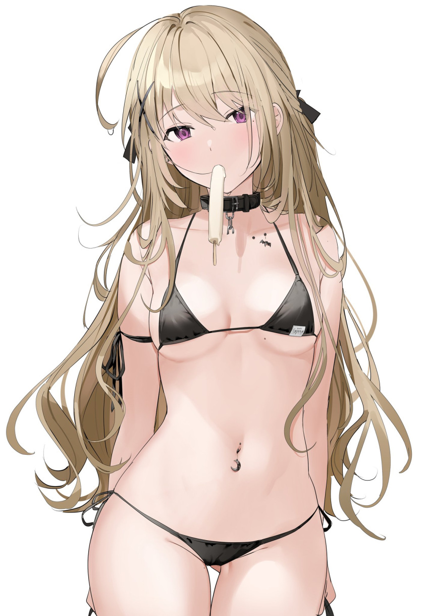 1girl ahoge ass_visible_through_thighs bare_arms bare_shoulders bikini black_bikini black_choker breasts brown_hair choker clavicle_piercing cowboy_shot food groin hair_ornament halterneck highres long_hair looking_at_viewer mole mole_on_breast mole_on_thigh mole_under_eye mouth_hold navel navel_piercing original piercing popsicle side-tie_bikini simple_background small_breasts solo standing stomach string_bikini swimsuit thigh_gap thighs very_long_hair violet_eyes white_background x_hair_ornament xretakex