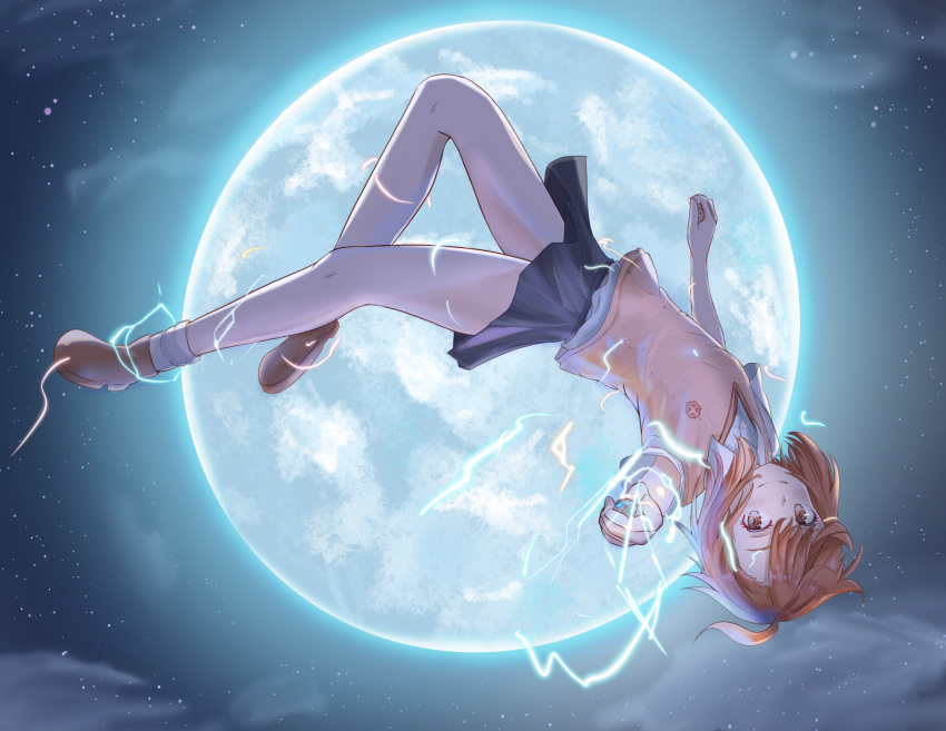 1girl absurdres arched_back biribiri black_skirt breasts brown_eyes brown_footwear brown_hair brown_sweater_vest coin commentary dfd dress_shirt electricity english_text full_moon highres holding holding_coin jumping knee_up looking_at_viewer messy_hair misaka_mikoto moon moonlight night night_sky pleated_skirt school_uniform shirt shoes short_hair skirt sky small_breasts smile socks solo star_(sky) starry_sky toaru_kagaku_no_railgun toaru_majutsu_no_index tokiwadai_school_uniform upside-down white_legwear white_shirt