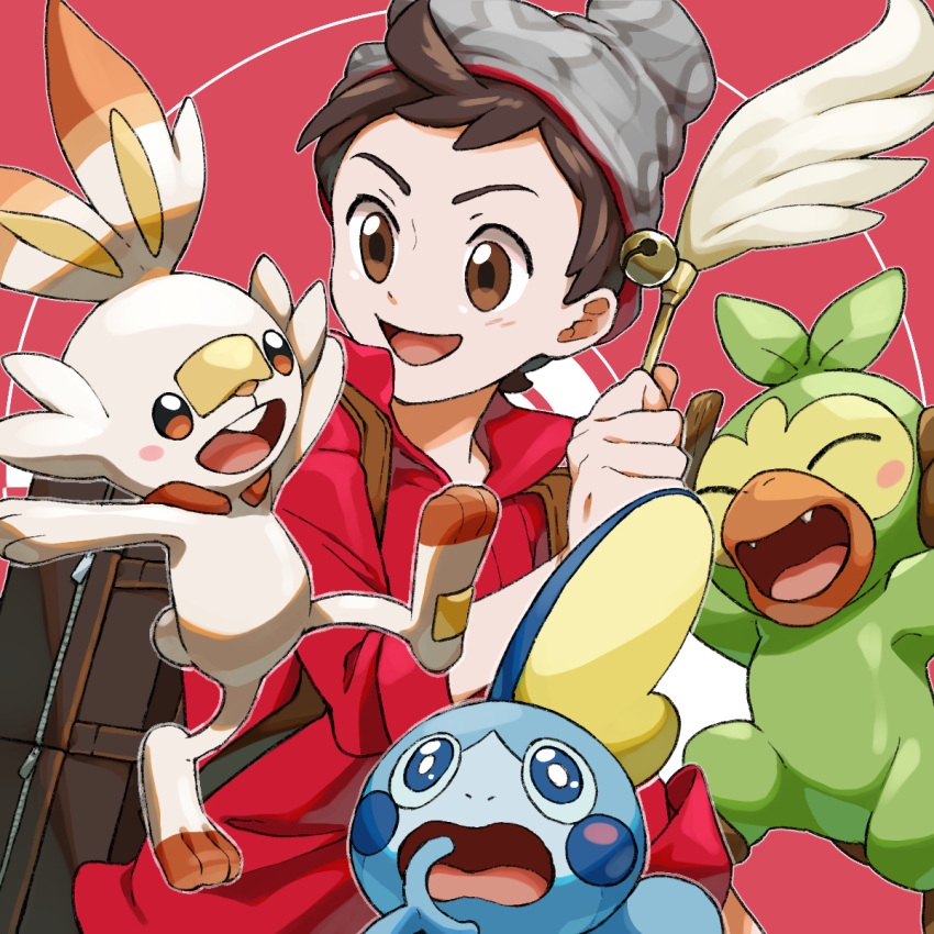 1boy :d beanie blush brown_eyes brown_hair cable_knit cat_teaser commentary_request gen_8_pokemon grey_headwear grookey hat highres holding komame_(st_beans) male_focus open_mouth pokemon pokemon_(game) pokemon_swsh red_shirt scorbunny shirt sleeves_rolled_up smile sobble starter_pokemon_trio suitcase tongue victor_(pokemon)
