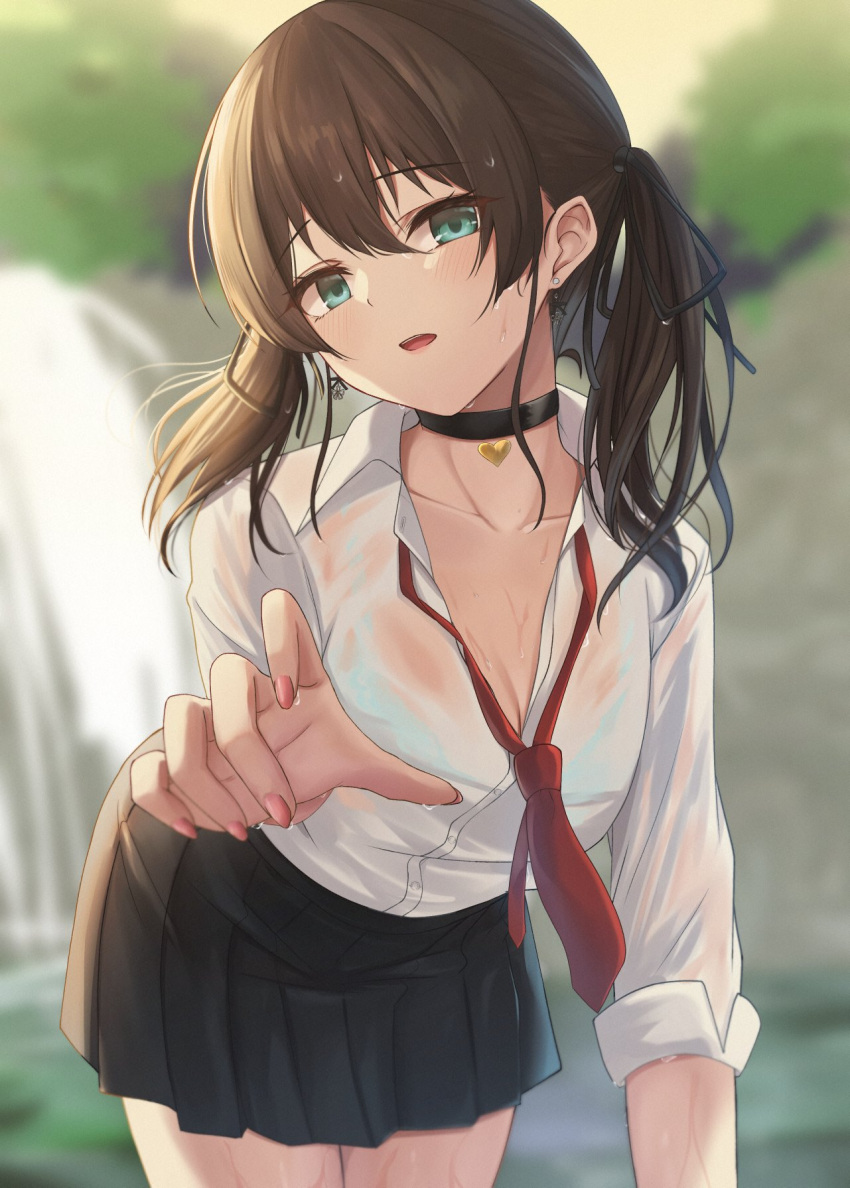 1girl bangs black_choker black_ribbon brown_hair choker collarbone commentary_request dress_shirt earrings eyebrows_visible_through_hair fingernails green_hair hair_ribbon heart heart_choker highres hololive jewelry looking_at_viewer loose_necktie natsuiro_matsuri necktie open_collar open_mouth outdoors red_neckwear ribbon shirt skirt solo virtual_youtuber water waterfall wet wet_clothes white_shirt wing_collar yamikyon
