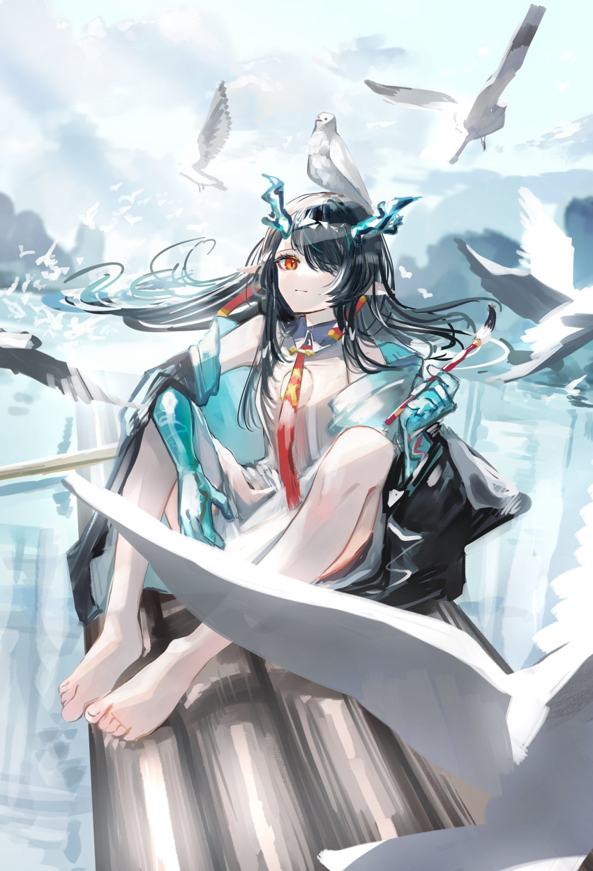 1girl animal_on_head arknights bare_legs bird bird_on_head black_hair black_jacket blue_sky cleavage_cutout closed_mouth clothing_cutout colored_skin day dragon_horns dusk_(arknights) dutch_angle feet full_body green_hair green_skin hair_over_one_eye highres holding holding_paintbrush horns jacket light_smile long_hair looking_at_viewer multicolored_hair nanaponi necktie off_shoulder on_head one_eye_covered orange_eyes outdoors paintbrush red_neckwear shirt sitting sky sleeveless sleeveless_shirt solo streaked_hair symbol-only_commentary water white_bird white_shirt