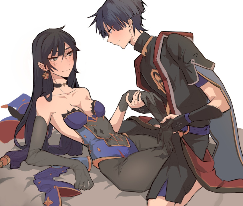 1boy 1girl armor artwolfaja bangs bare_shoulders black_eyes black_gloves black_hair black_shirt blunt_bangs blush breasts choker detached_sleeves earrings elbow_gloves elbow_rest emblem eyebrows_visible_through_hair from_side genshin_impact gloves gold_trim gradient_hair grey_eyes hair_over_shoulder hair_undone hand_grab hat hat_removed headwear_removed highres japanese_armor jewelry kneeling kote kurokote layered_sleeves leaning_back leotard long_neck looking_at_another low_twintails mona_(genshin_impact) multicolored_hair no_hat no_headwear on_person open_clothes open_shirt purple_hair purple_leotard removing_glove ring sash scaramouche_(genshin_impact) shirt short_sleeves shorts sitting sitting_on_lap sitting_on_person skin_tight sleeves_removed smile star_(symbol) star_earrings straddling twintails wedding_band white_background